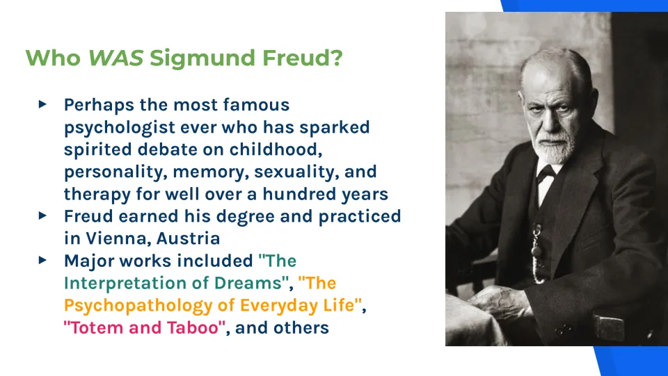 Introduction slide on Sigmund Freud, his work in Vienna, topics of debate, and three of his major books
