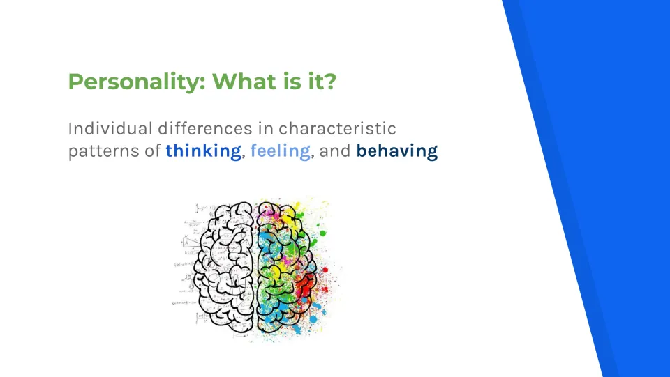 Personality definition slide identifying individual differences in patterns of thinking, feeling, and behaving