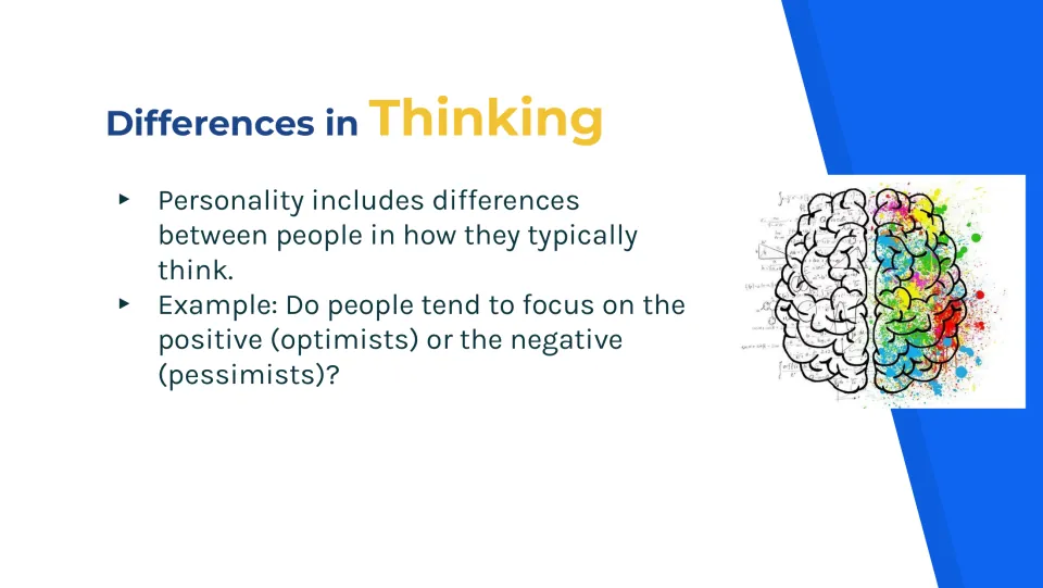 Thinking differences slide explaining personality through people's typical thoughts, with optimism and pessimism
