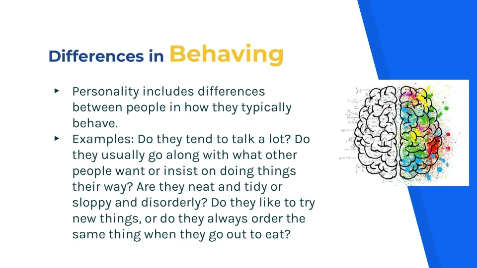 Behavior differences slide using talkativeness, going along with others, tidiness, and trying new things