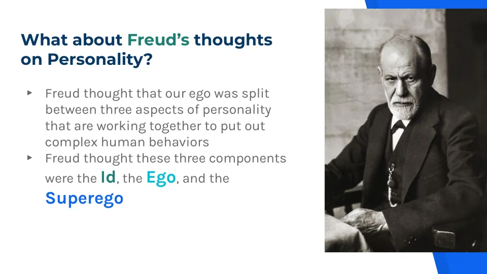 Freud's personality model slide introducing the id, ego, and superego as components shaping human behavior