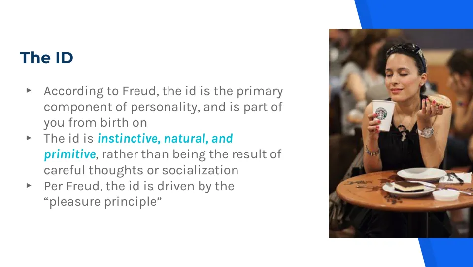 Id explanation slide describing Freud's instinctive component present from birth and driven by pleasure