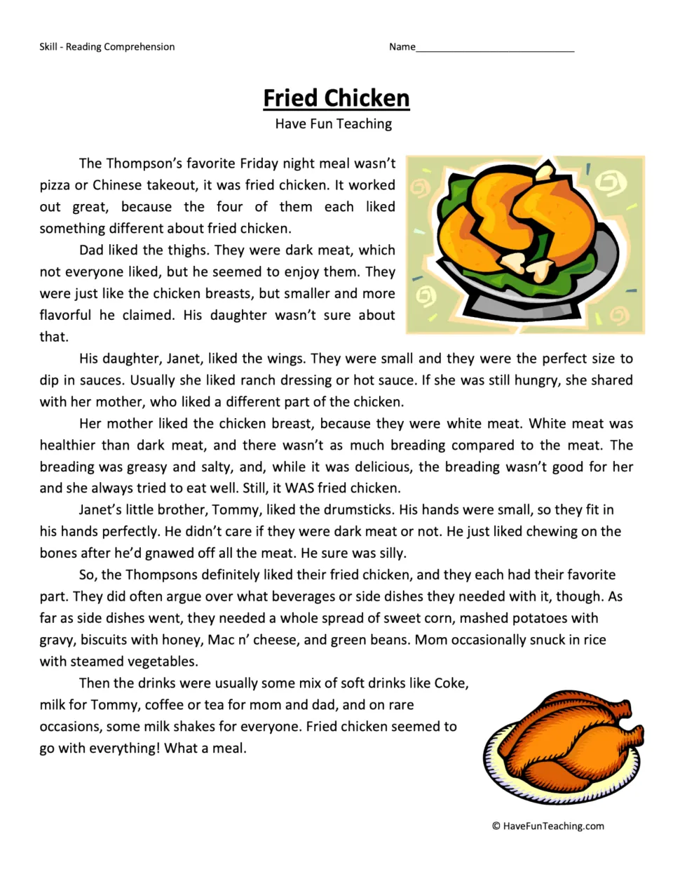 Reading passage about the Thompson family's Friday meal and each family member's favorite chicken part.