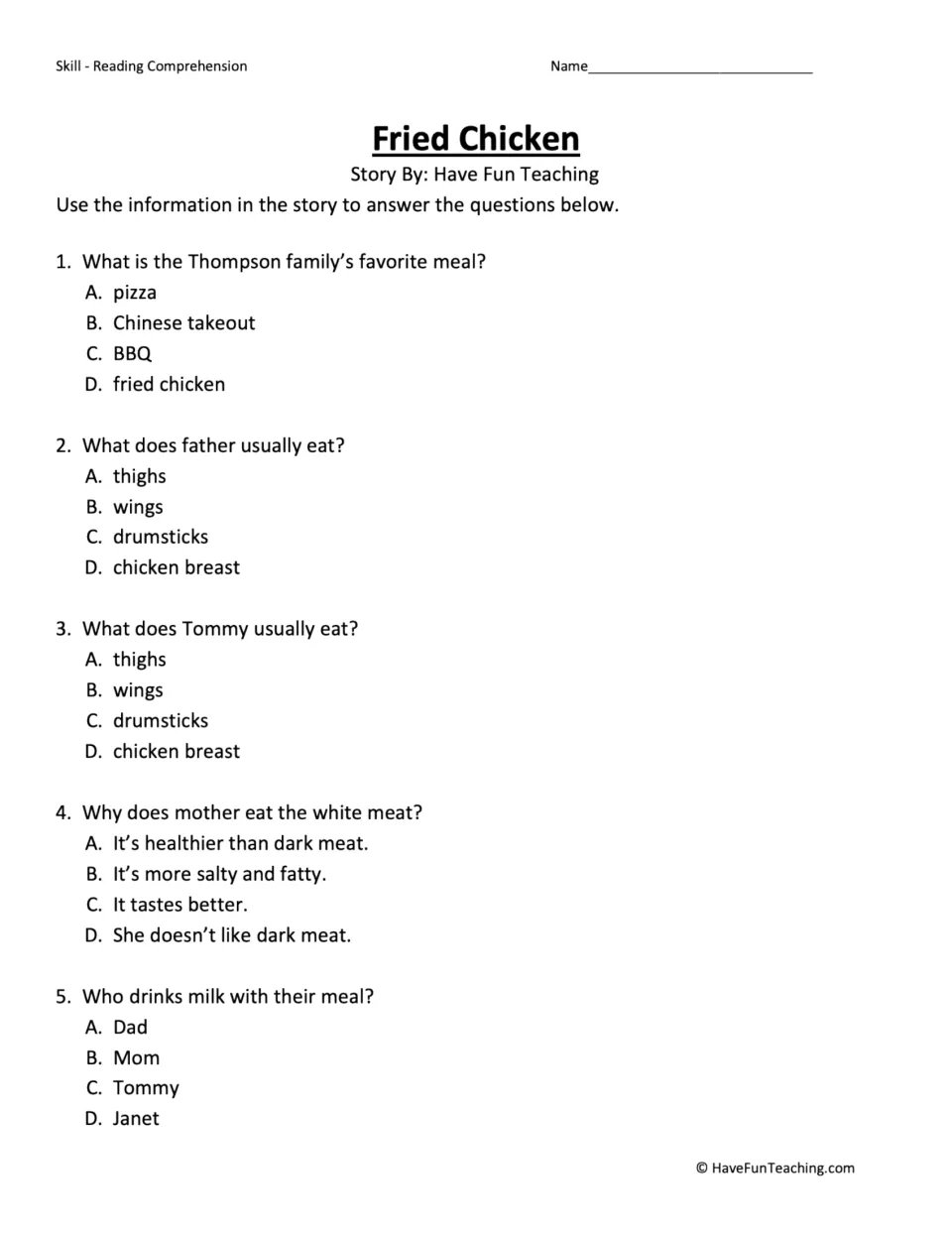 Five multiple-choice questions about the family's favorite meal, chicken choices, and who drinks milk.