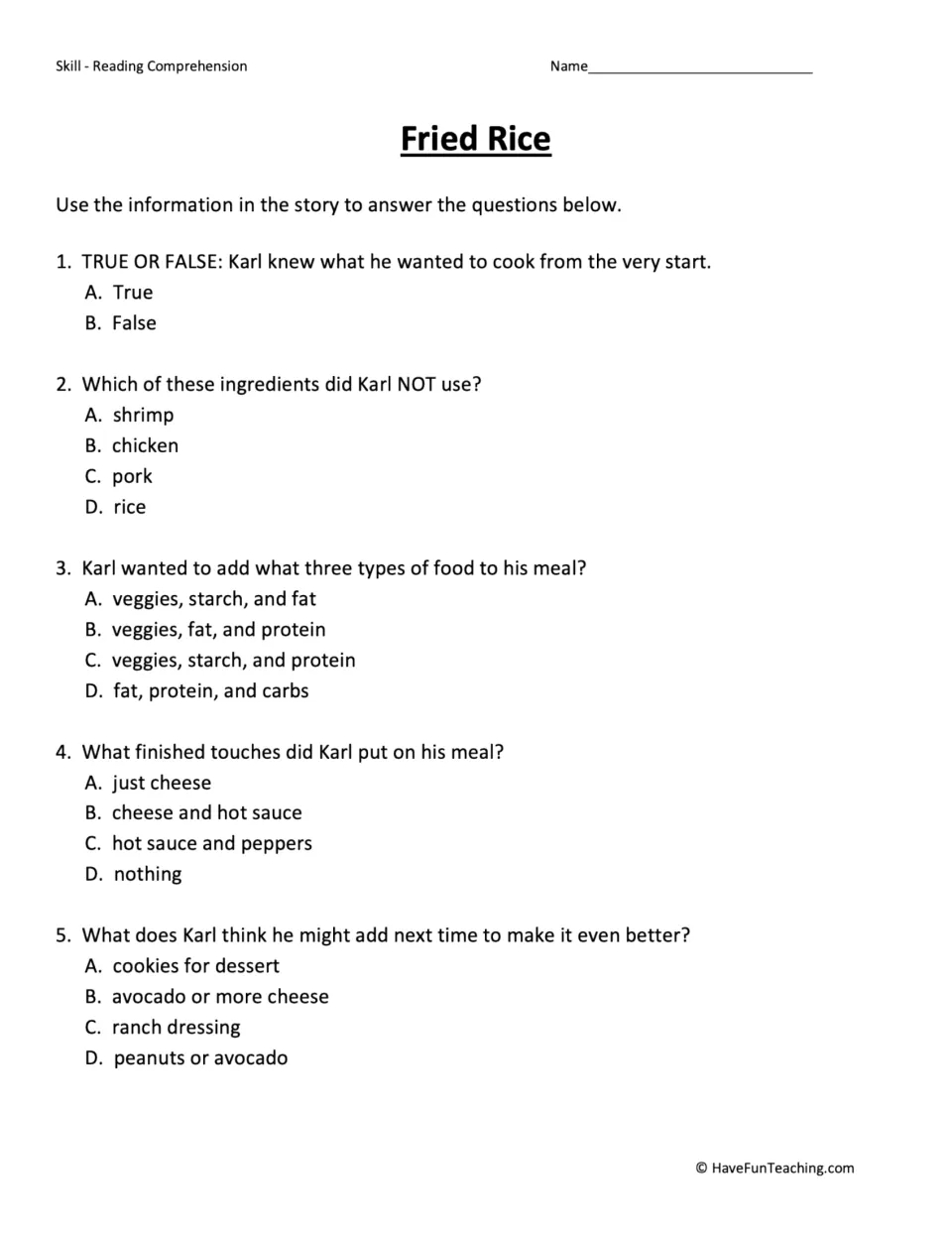 Five comprehension questions about Karl's cooking plans, ingredients, food types, and finishing touches.