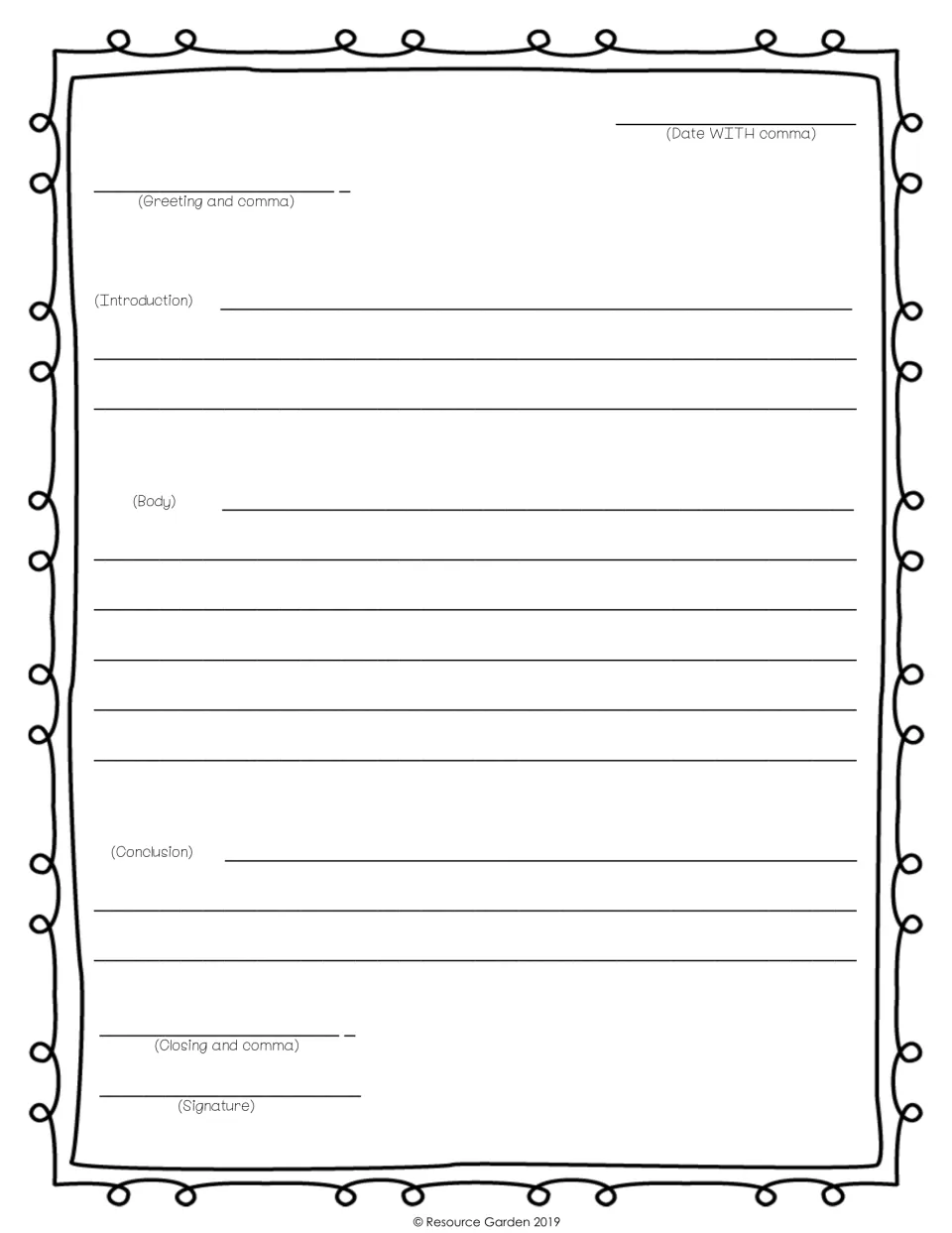 Friendly letter parts: students write date and greeting with commas, introduction, body, conclusion, closing and signature