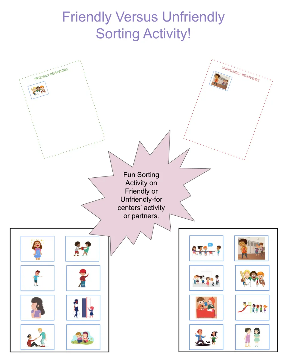 Friendly versus unfriendly sorting cover showing two sorting mats and 16 picture cards of children's behavior