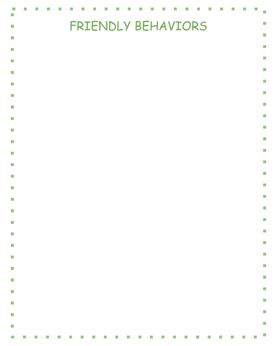 Friendly Behaviors sorting mat: students glue each picture card they judge as kind or friendly onto this sheet