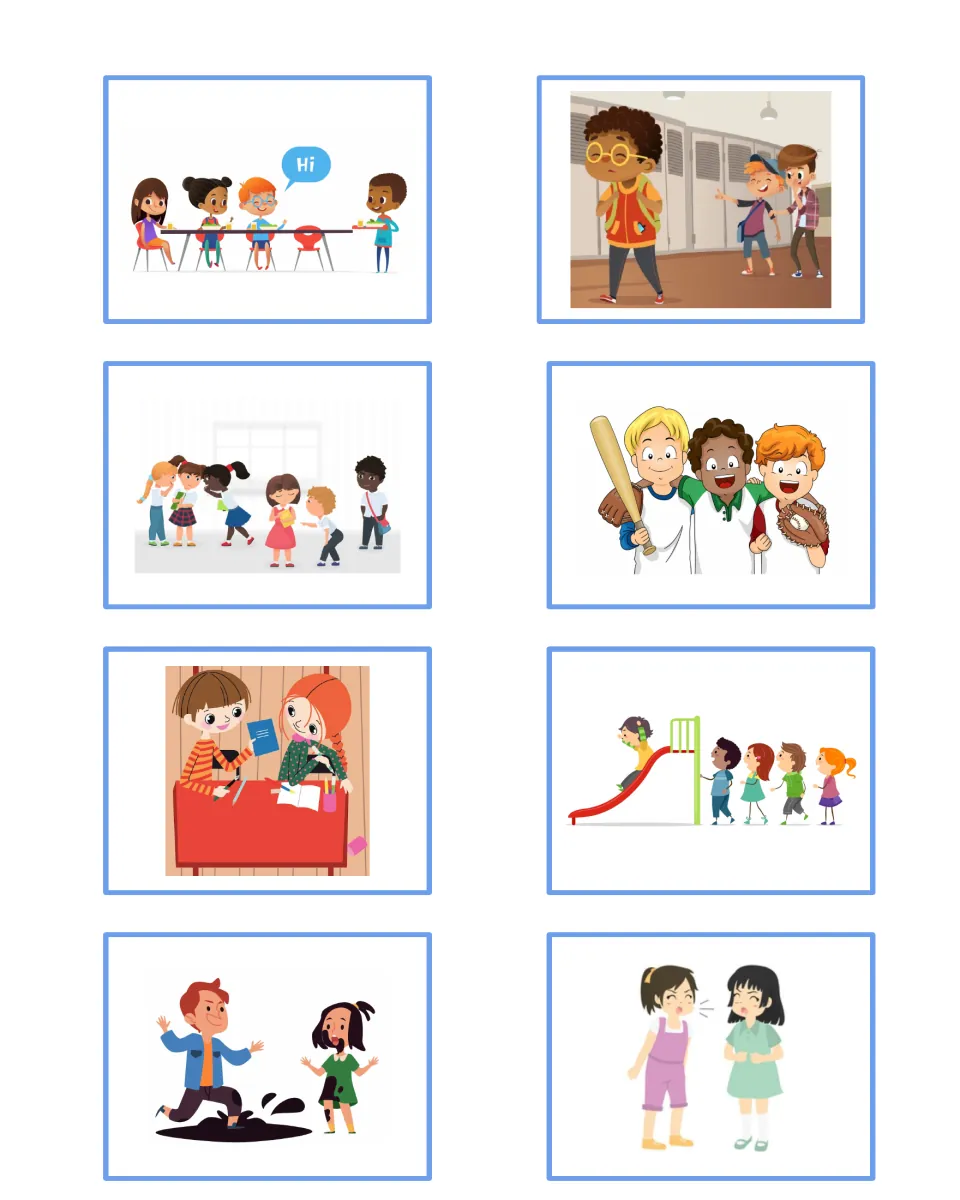 Cut-out behavior cards: saying hi at lunch, laughing at a peer, taking turns on a slide, splashing mud, sneezing on a friend