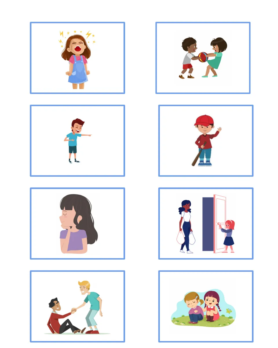 More cut-out behavior cards: yelling, grabbing a ball, pointing and laughing, holding a door, helping a peer up, comforting