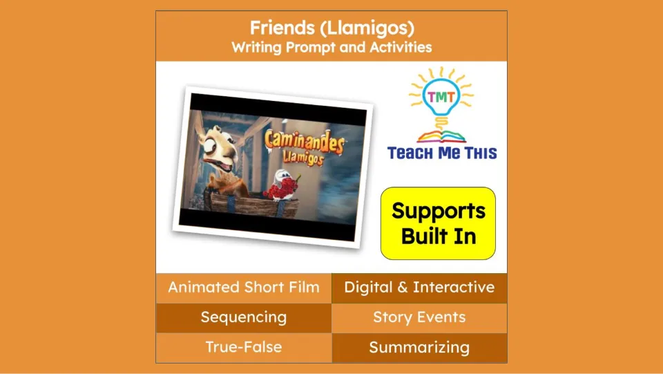 Friends (Llamigos) cover introducing an animated writing lesson with sequencing, story events, and summarizing