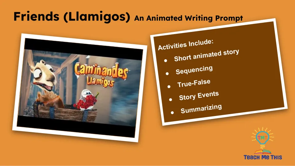Lesson overview listing a short animated story, sequencing, true-false, story events, and summarizing