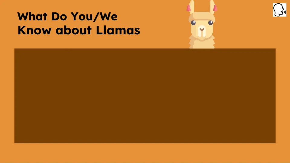 Opening knowledge prompt asks “What Do You/We Know about Llamas” and provides space for a response