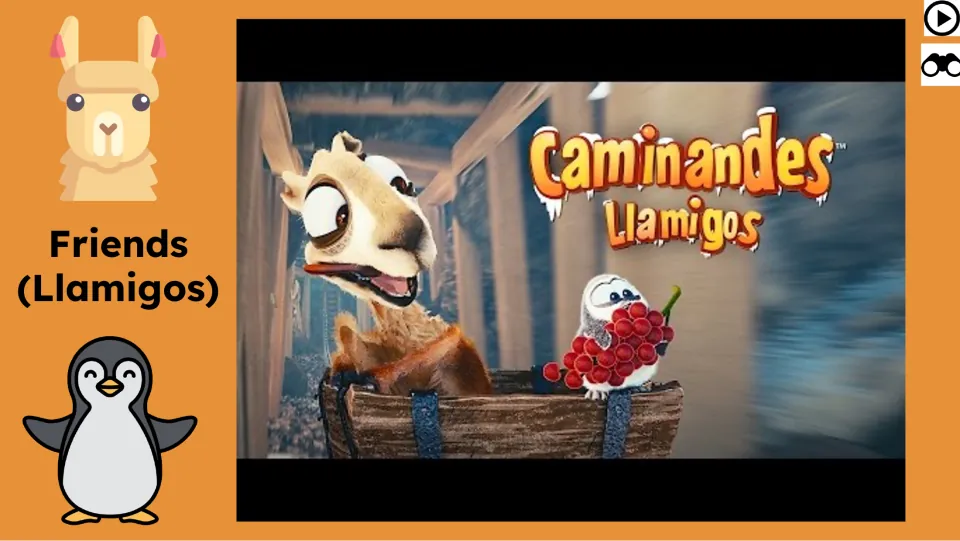 Film viewing slide featuring the Caminandes Llamigos title scene with a llama and penguin riding in a cart