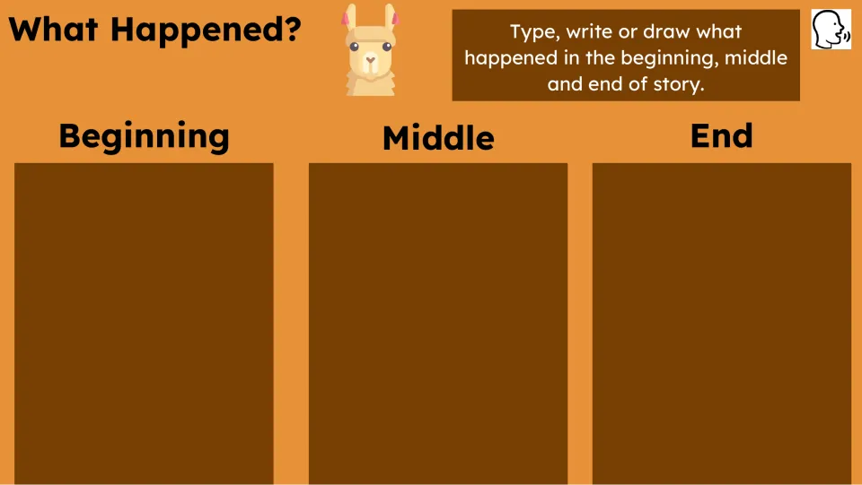Story retelling activity asks students to type, write, or draw what happened at the beginning, middle, and end