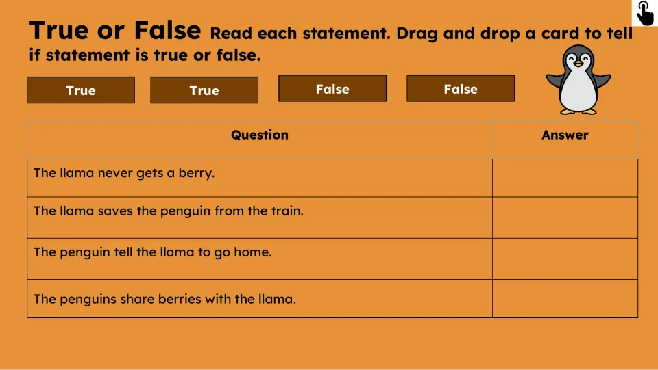 True-or-false activity has four statements about berries, a train rescue, and telling the llama to go home