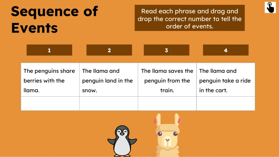 Sequencing activity asks students to order four events: sharing berries, landing in snow, a rescue, and a cart ride
