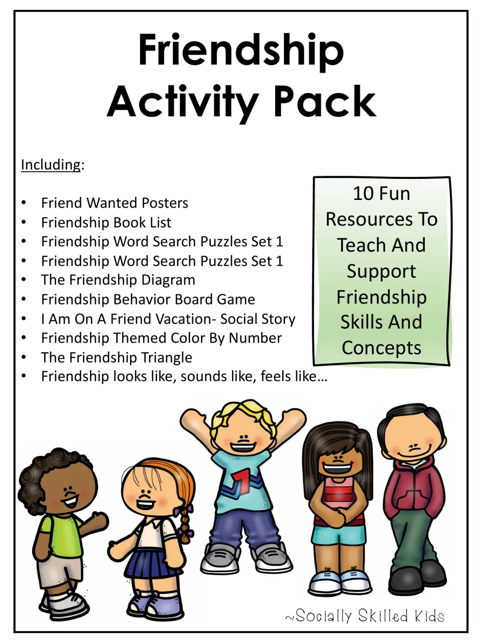 Friendship Activity Pack cover listing 10 resources: wanted posters, book list, word searches, board game and social story