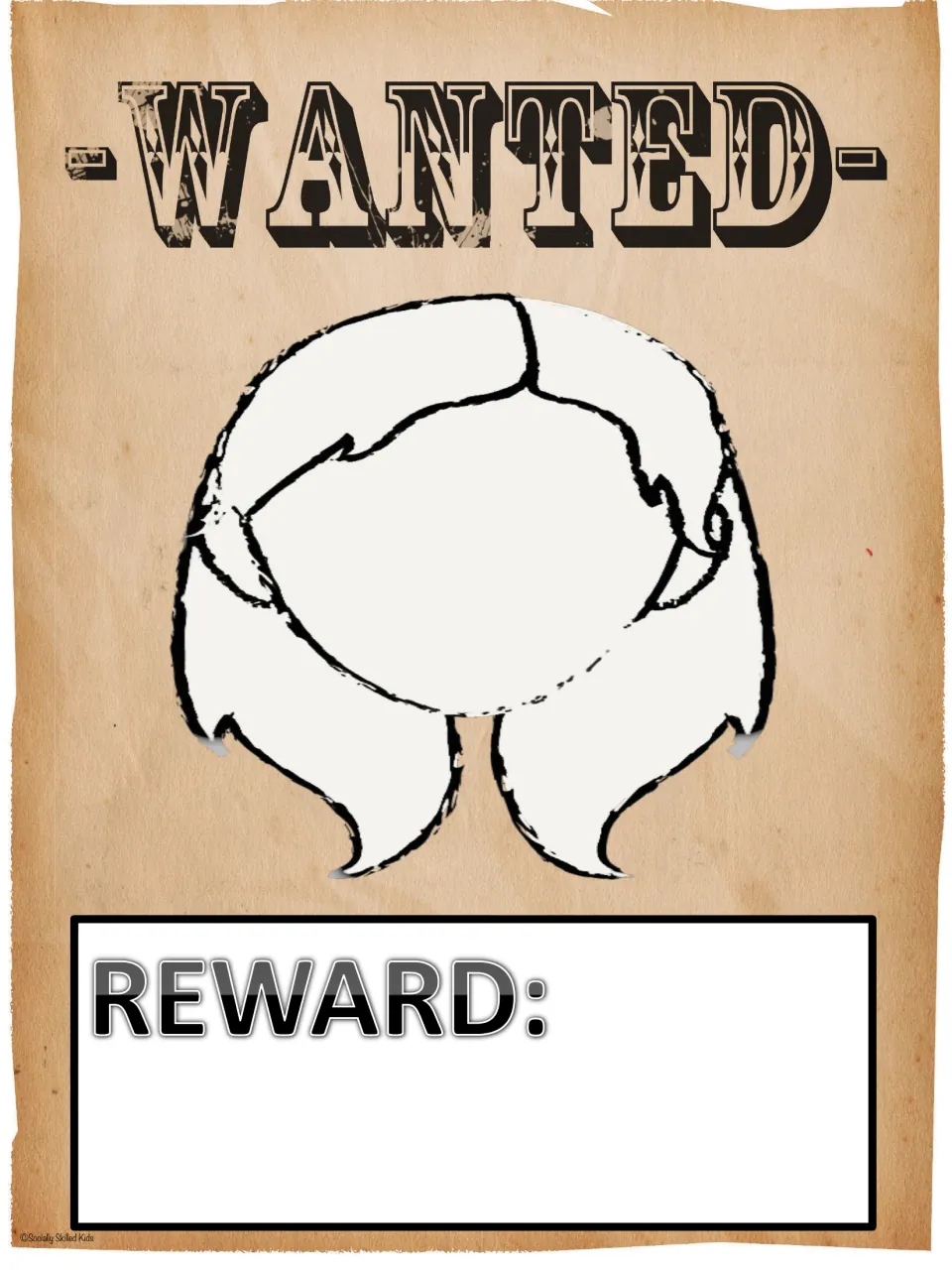 Friend wanted poster with a blank long-haired face outline where students write qualities they look for, and a REWARD box