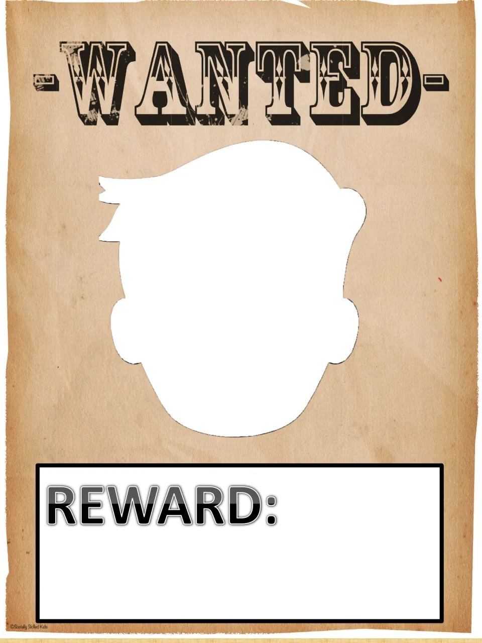 Wanted poster with a blank short-haired head shape for writing friend qualities, plus a REWARD box for what students offer