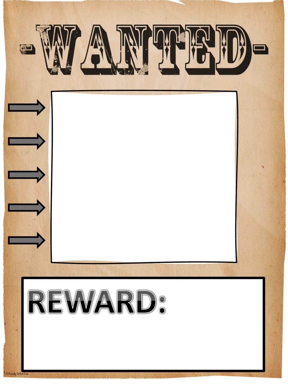 Wanted poster with five arrows pointing to a space for listing desired friend qualities, plus a REWARD section to complete