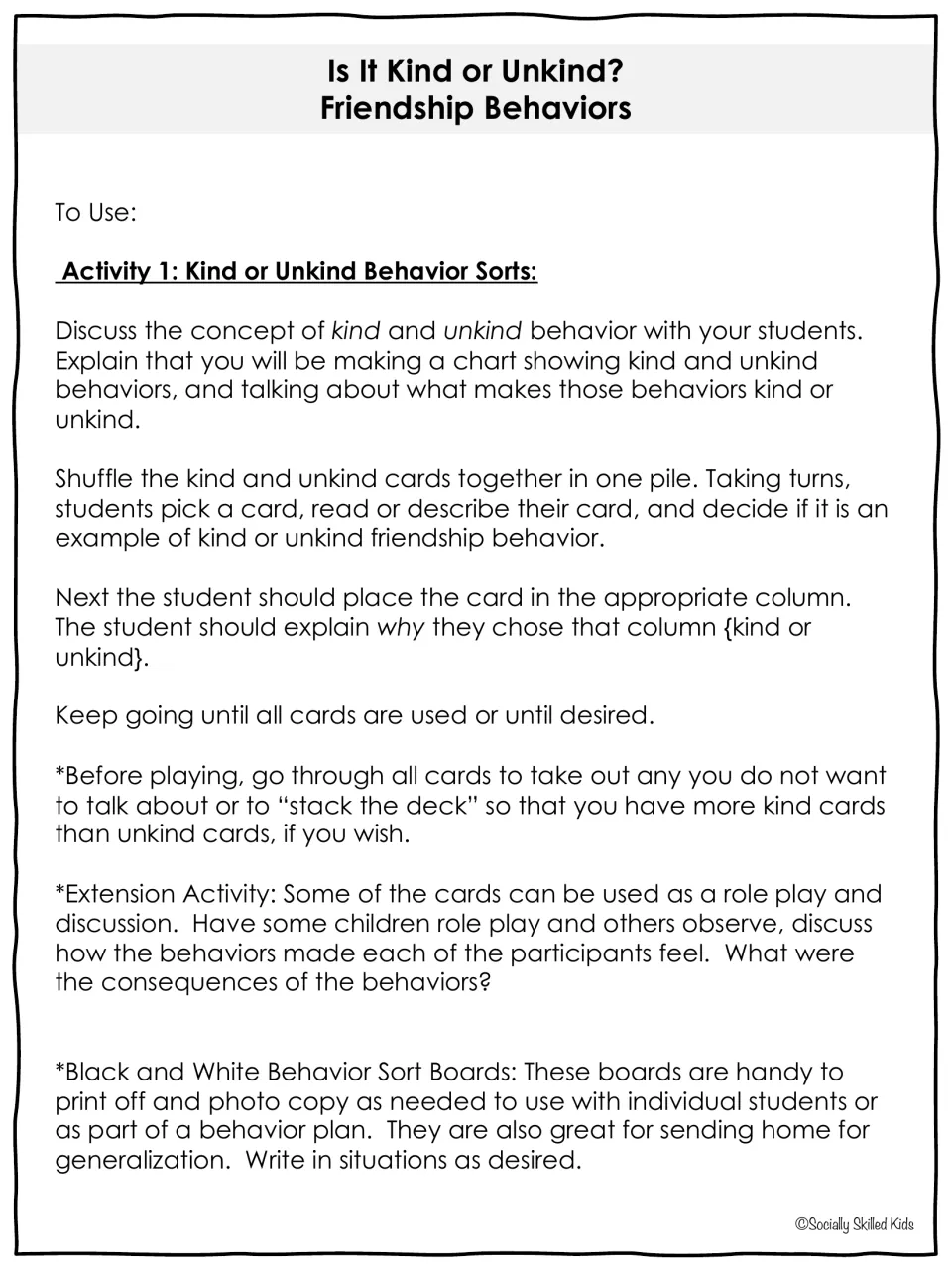 Behavior sort directions ask students to classify cards as kind or unkind and explain their choices