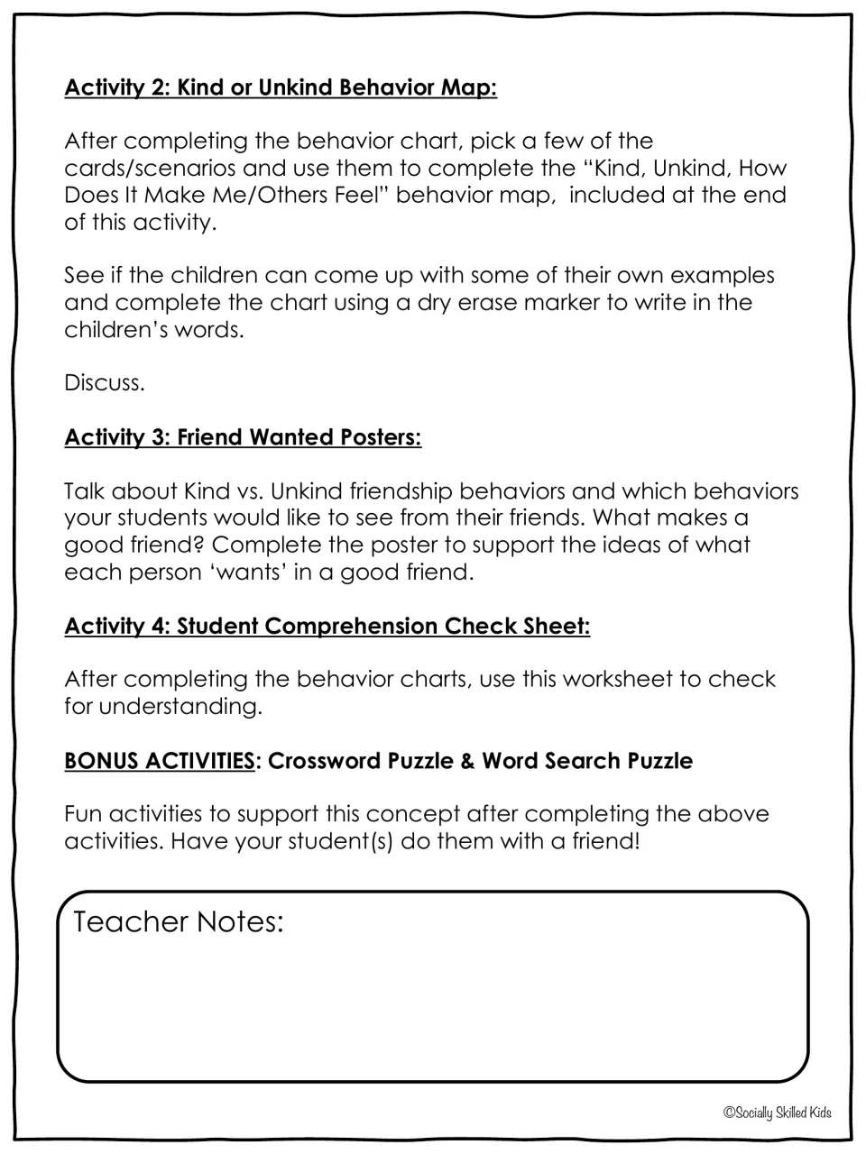 Directions for behavior maps, Friend Wanted posters, comprehension checks, and bonus crossword and word search