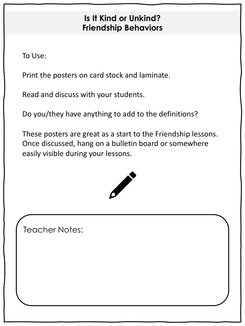 Behavior poster guide directs teachers to print, laminate, discuss definitions, and display the posters