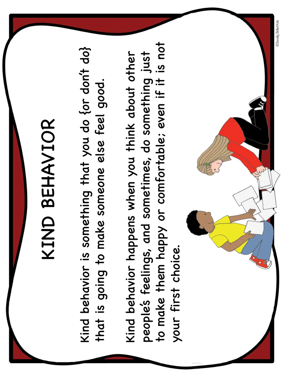 Kind behavior poster defines considering others' feelings, with children helping pick up scattered papers