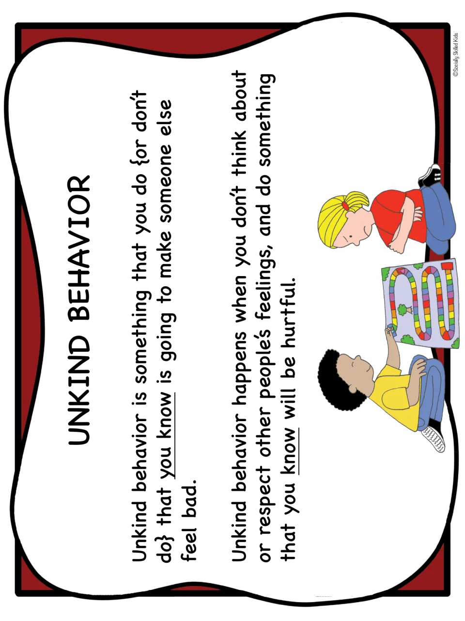 Unkind behavior poster defines knowingly making others feel bad, illustrated by children beside a board game