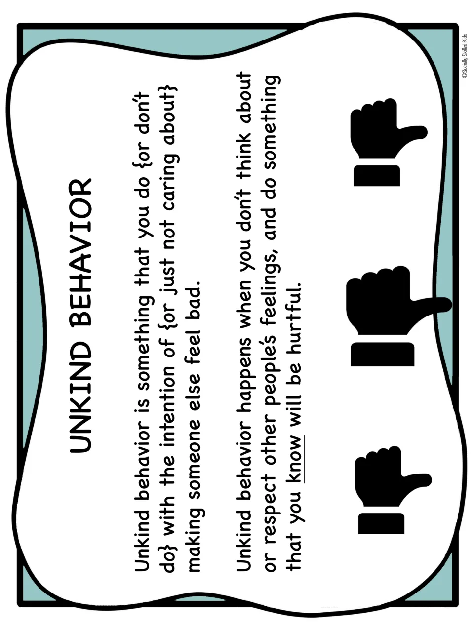 Unkind behavior poster explains intending to make others feel bad or not caring about their feelings