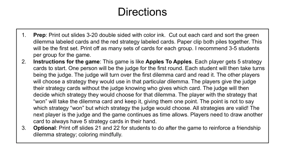 Game directions explain card preparation, groups of 3–5, rotating judges, scoring and optional mindful coloring