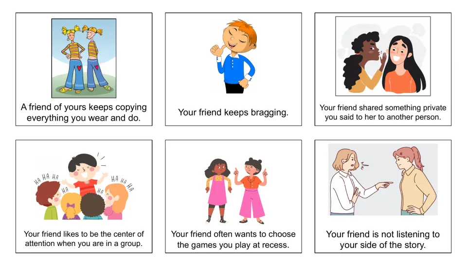 Dilemma cards 1–6 cover copying clothes, bragging, sharing secrets, seeking attention, choosing games and listening