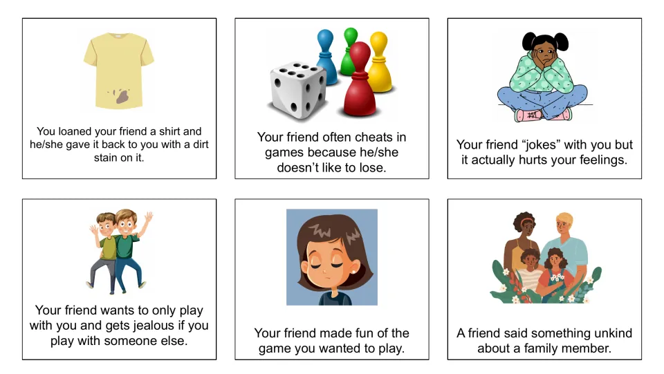 Dilemma cards 7–12 cover a stained shirt, cheating, hurtful jokes, jealousy, mocking a game and unkind family remarks