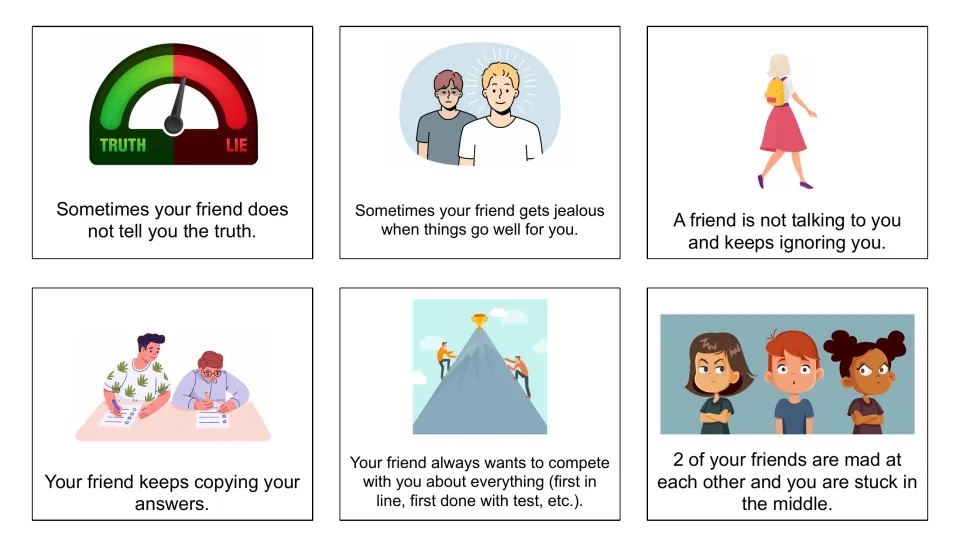 Dilemma cards 13–18 cover lying, jealousy of success, ignoring, copying answers, competing and being caught between friends