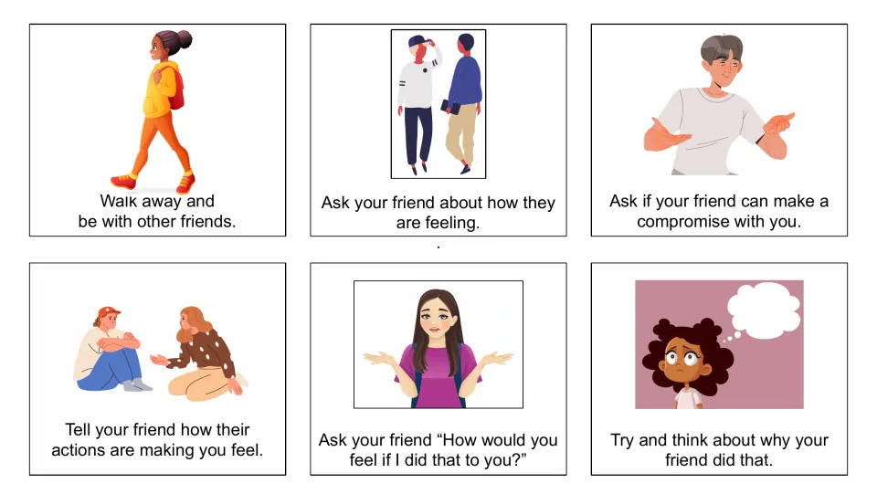 Strategy cards 1–6 suggest walking away, asking about feelings, compromising and three more friendship responses