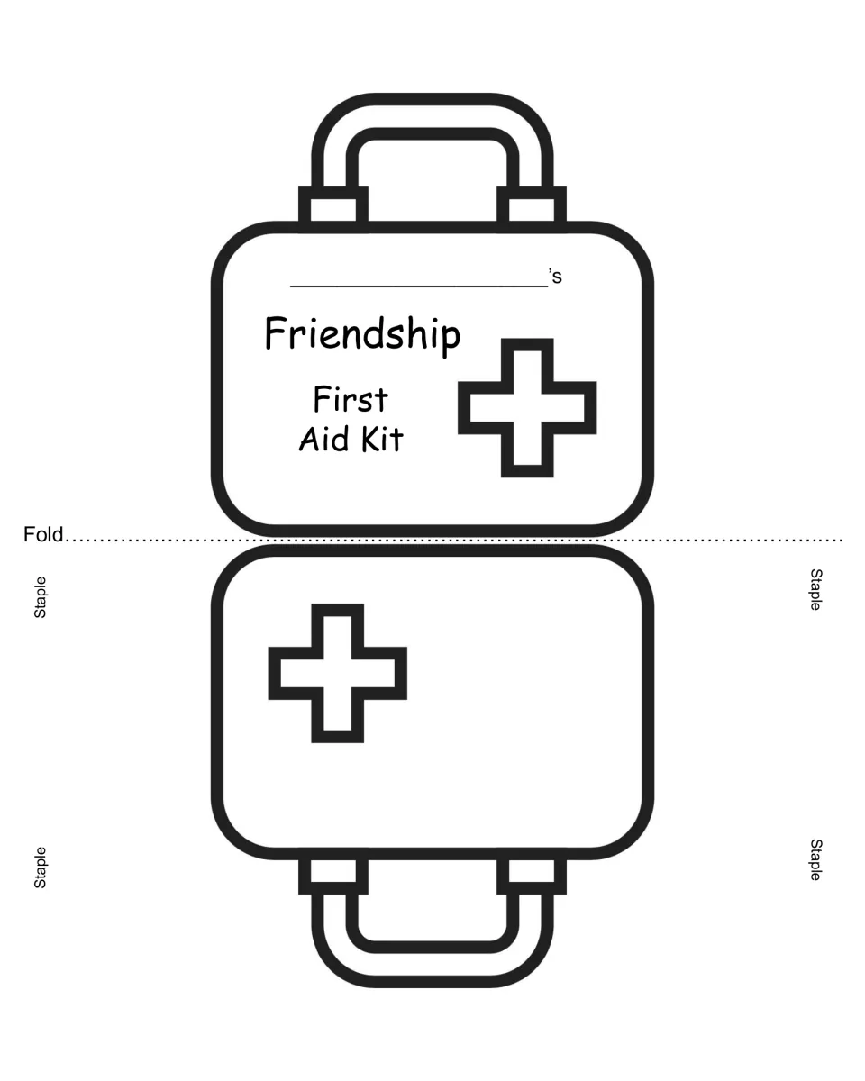 Friendship kit template: students write their name on the first aid case, fold it in half and staple the sides