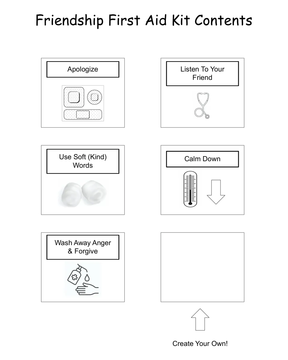Kit contents: students cut out Apologize, Listen, Kind Words, Calm Down and Forgive cards, plus a blank one to design