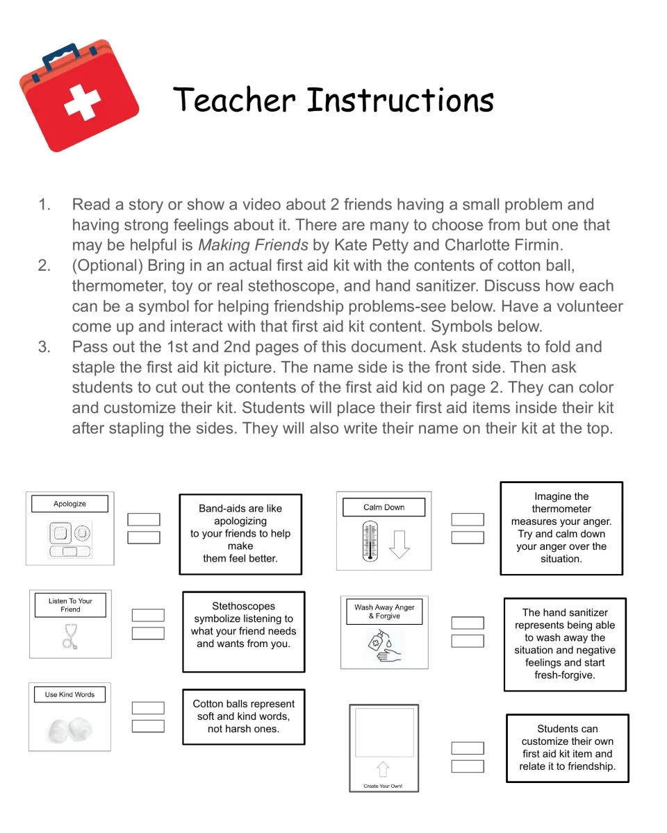 Teacher instructions: read-aloud, first aid kit demo and assembly steps, with what each kit item symbolizes for friends