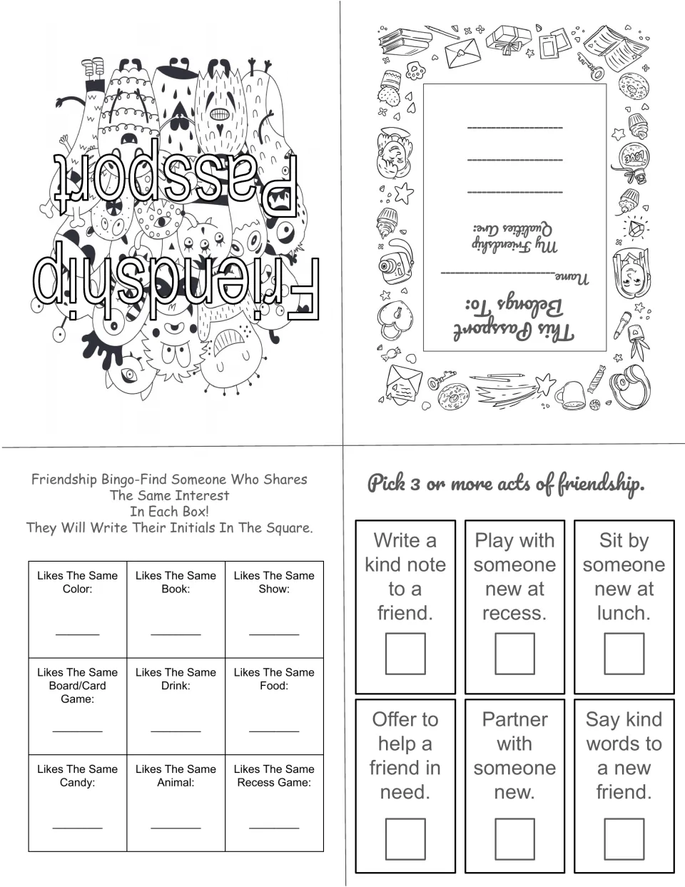 Friendship passport cover, owner page, bingo for finding classmates with shared interests and 6 acts of friendship to pick