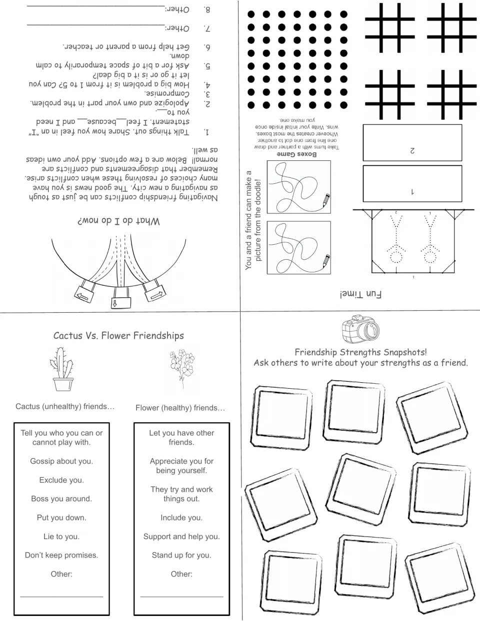 Cactus vs flower friendships, strengths snapshots, conflict-solving options and partner games like dots and tic-tac-toe
