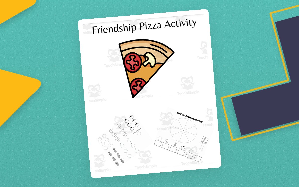 Friendship Pizza activity cover with a pizza slice, topping pieces, and friendship prompts.