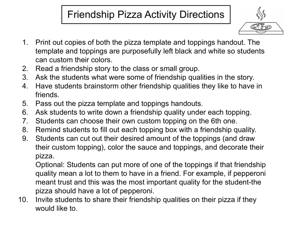 Friendship pizza directions: read a story, brainstorm friendship qualities, write one per topping, then color and share