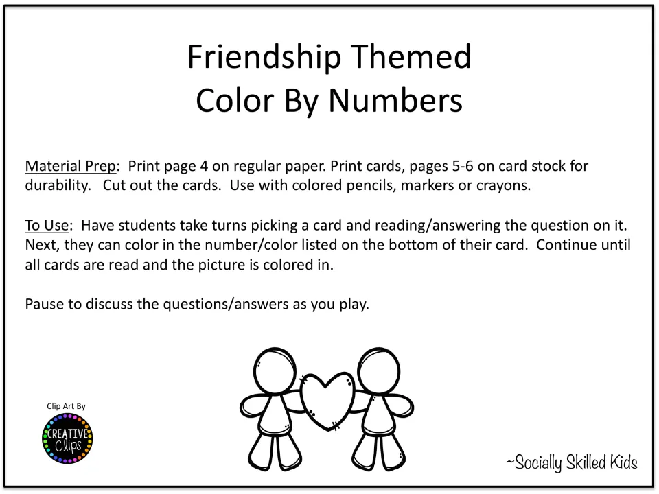 Activity instructions: print the coloring sheet, cut out question cards, take turns answering, and color.