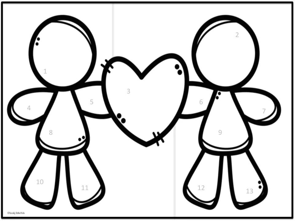 Friendship coloring sheet: two people holding a heart, with areas numbered 1–13 to match the question cards.