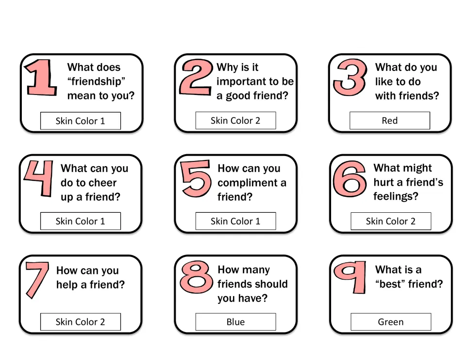 Friendship question cards 1–9 ask about being a good friend, helping, compliments, and feelings, with colors.