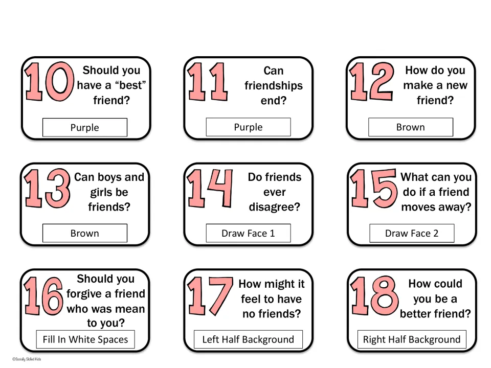 Friendship question cards 10–18 cover new friends, disagreements, and forgiveness, with picture directions.