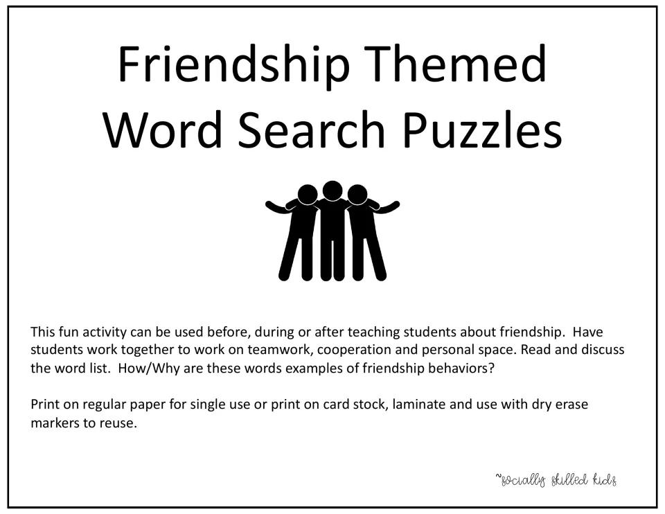 Friendship Themed Word Search Puzzles cover with notes on discussing the word list and laminating pages for reuse