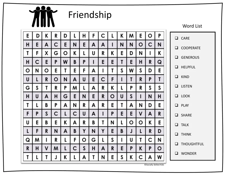 Friendship word search: students find 13 words such as cooperate, generous, helpful and thoughtful in a 15-by-15 grid