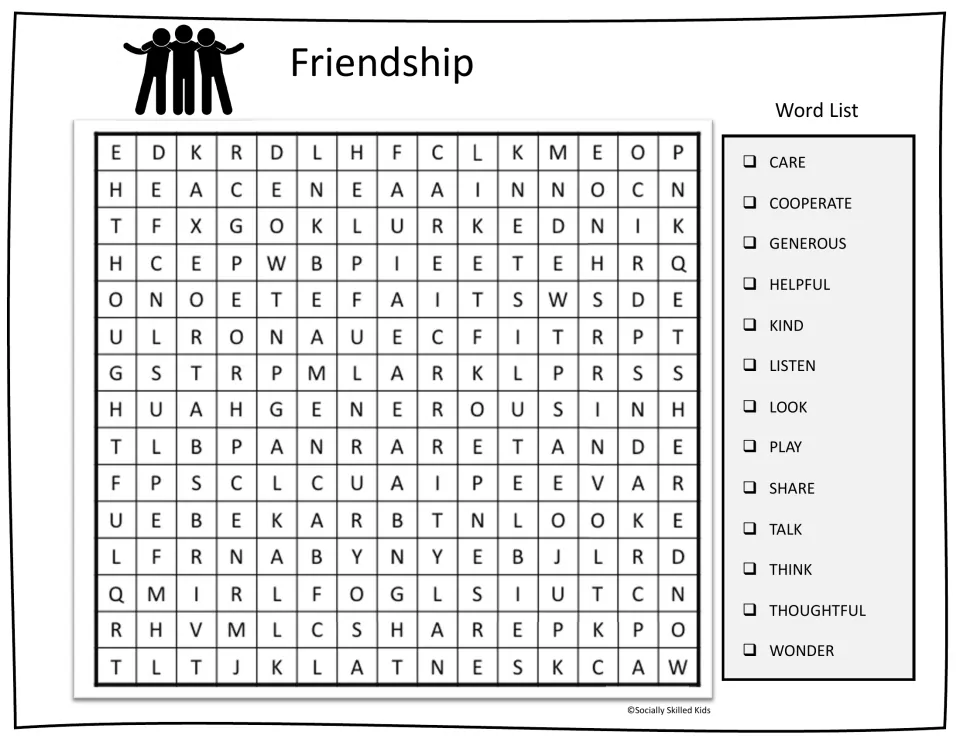 Friendship word search, plain-font version: find care, kind, listen, share, talk and eight more friendship words